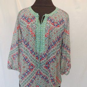 Anthropologie Fig and Flower Sz S Tunic Boho Top Y Neck Balloon Sleeves